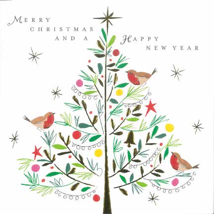 Christmas Cards: Tree & Robins (Pack of 4)